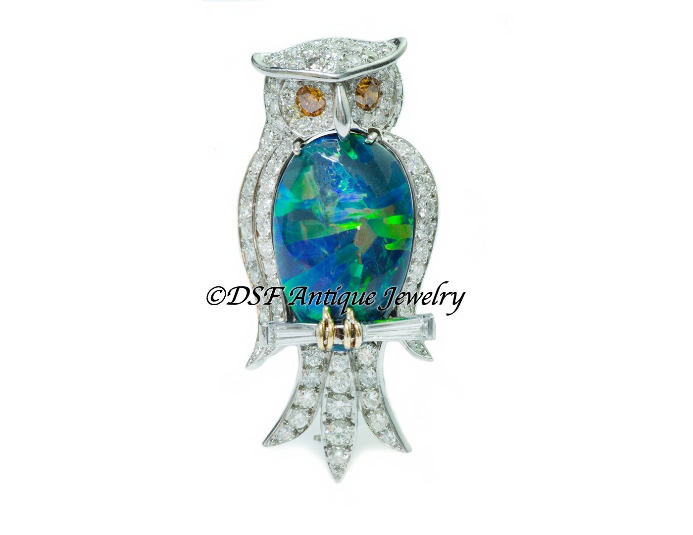 William Ruser Black Opal Diamond Platinum Owl Brooch