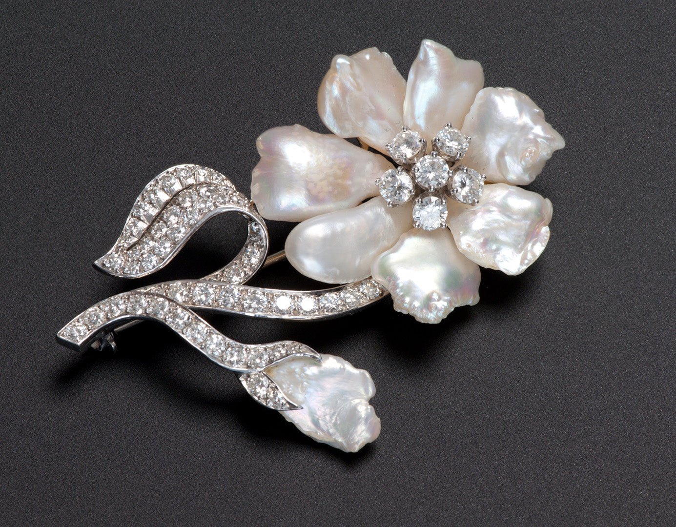 William Ruser Platinum Pearl Diamond Brooch