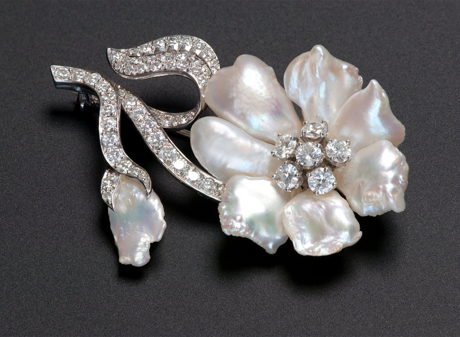 William Ruser Platinum Pearl Diamond Brooch