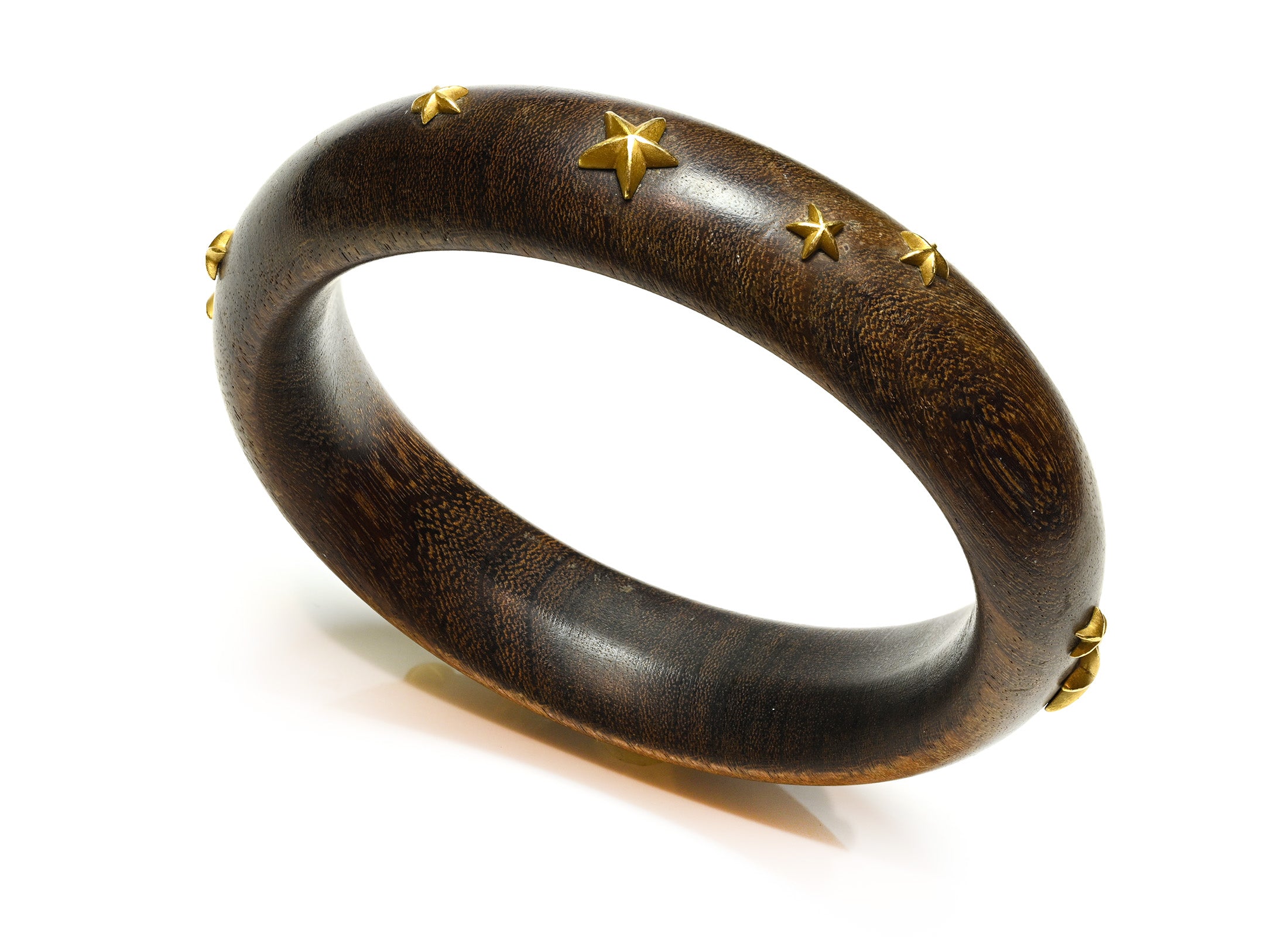 Dark Wood Bangle Bracelet 18K Yellow Gold Star Accents