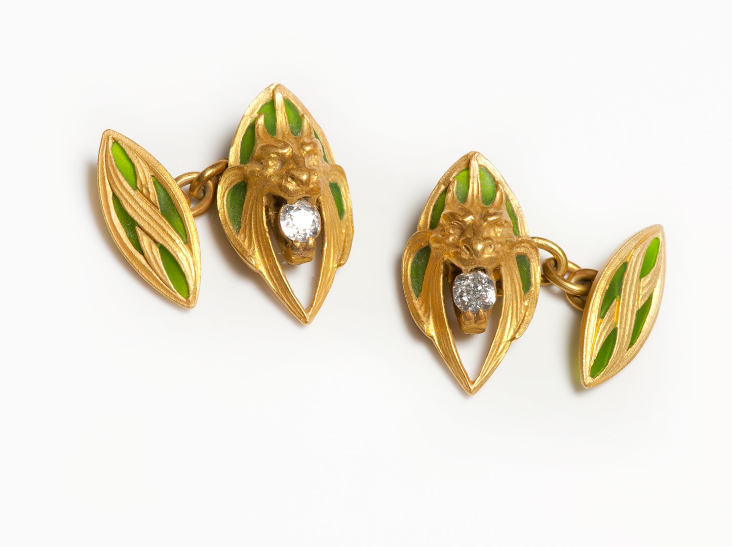 Yellow Gold Plique a Jour Enamel Diamond Mythological Cufflinks