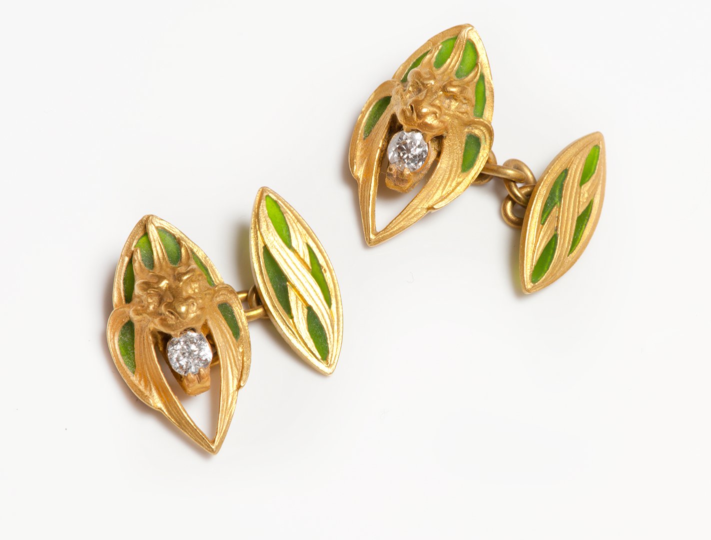 Yellow Gold Plique a Jour Enamel Diamond Mythological Cufflinks