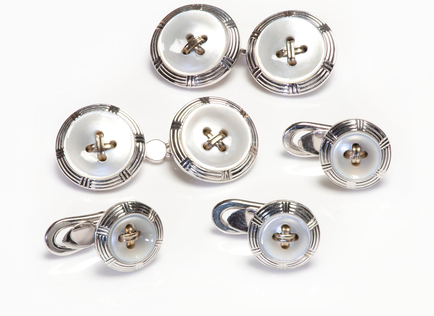 Yellow & White 18K Gold Mother of Pearl Button Cufflink Stud Set