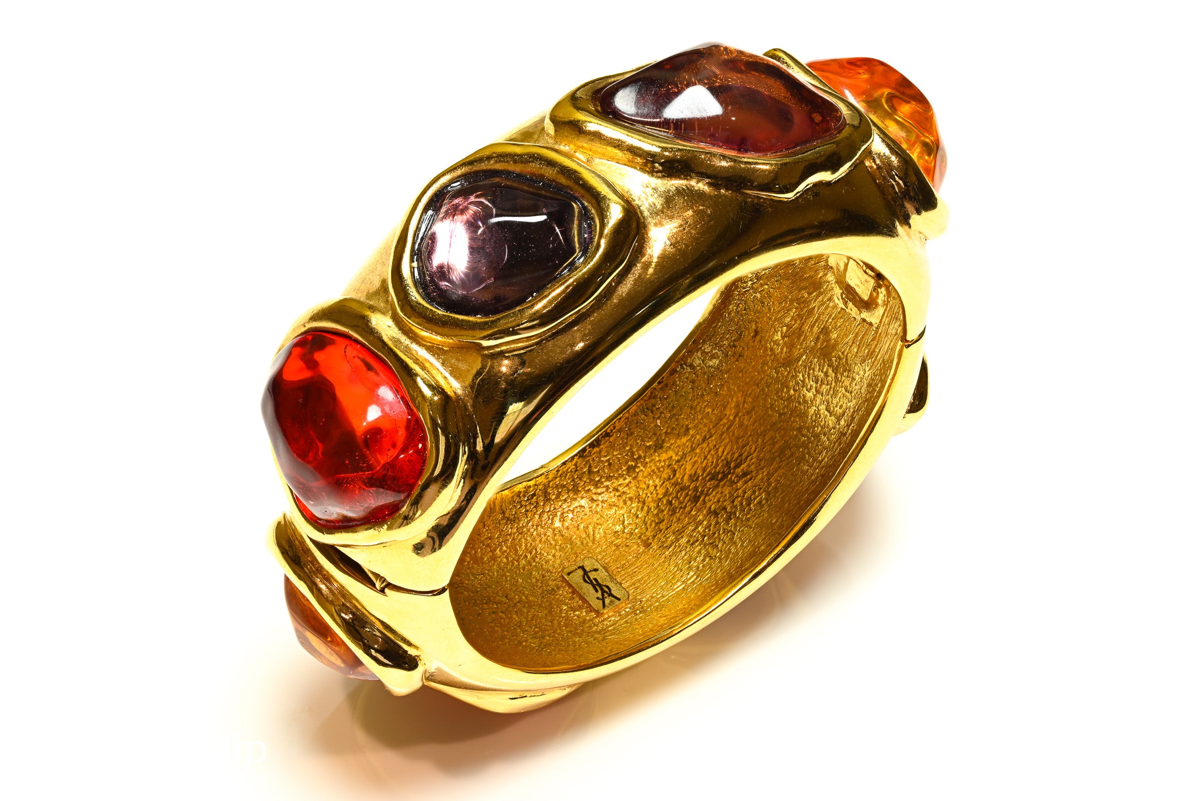 Vintage Yves Saint Laurent Red Purple Cabochon Heart Bangle Bracelet