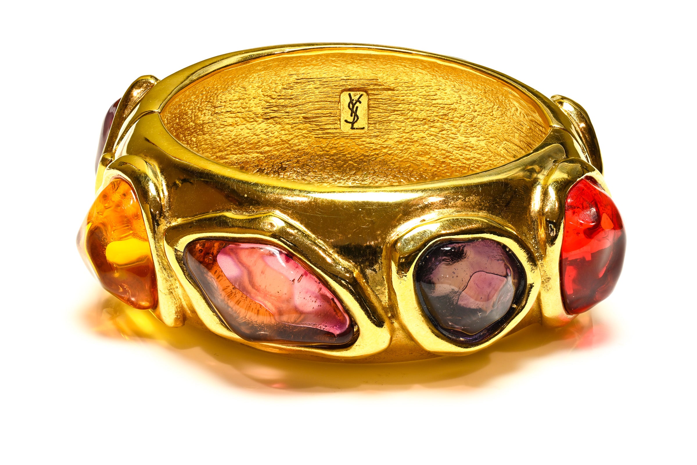 Vintage Yves Saint Laurent Red Purple Cabochon Heart Bangle Bracelet 3
