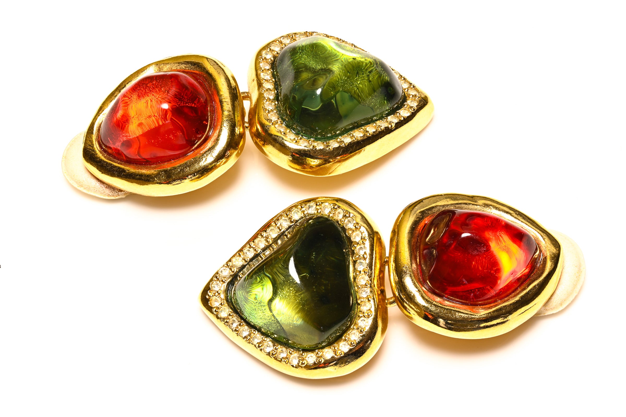 Vintage Yves Saint Laurent Green Red Heart Cabochon Crystal Earrings