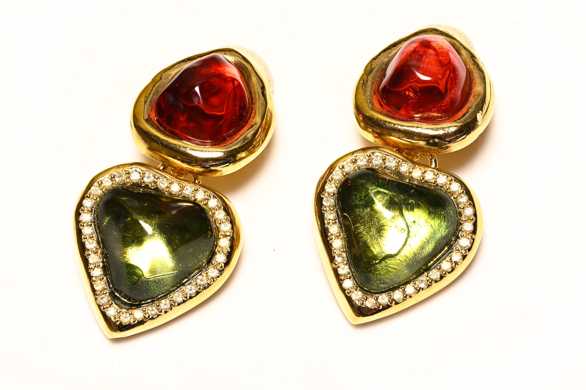 Vintage Yves Saint Laurent Green Red Heart Cabochon Crystal Earrings 1