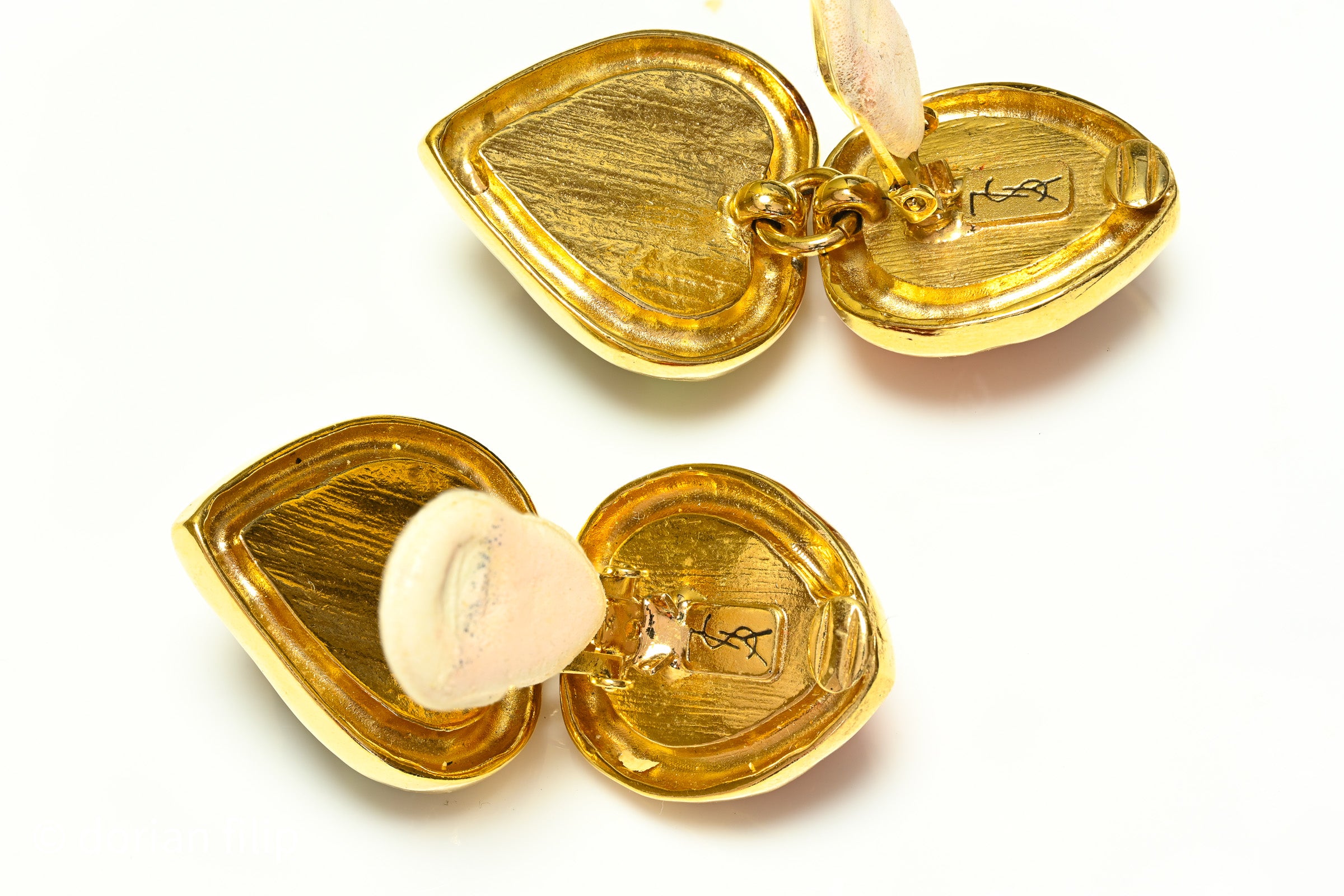 Vintage Yves Saint Laurent Green Red Heart Cabochon Crystal Earrings 2