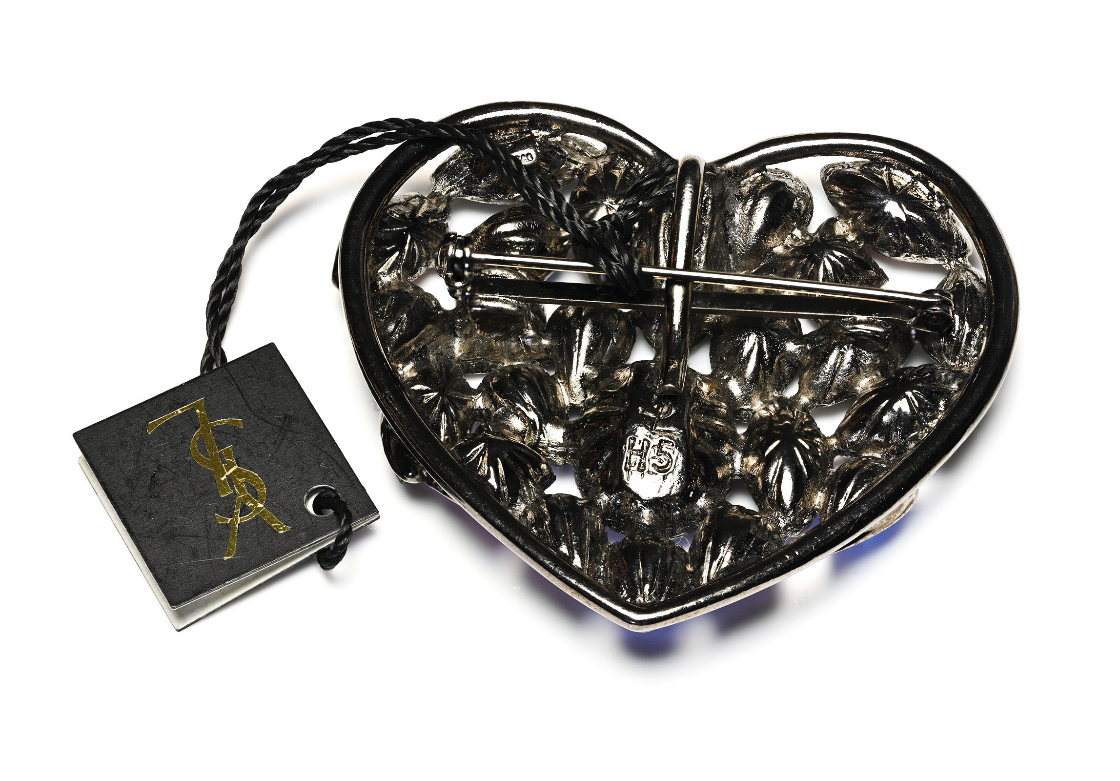 Vintage Yves Saint Laurent Purple Blue Crystal Heart Pendant Brooch