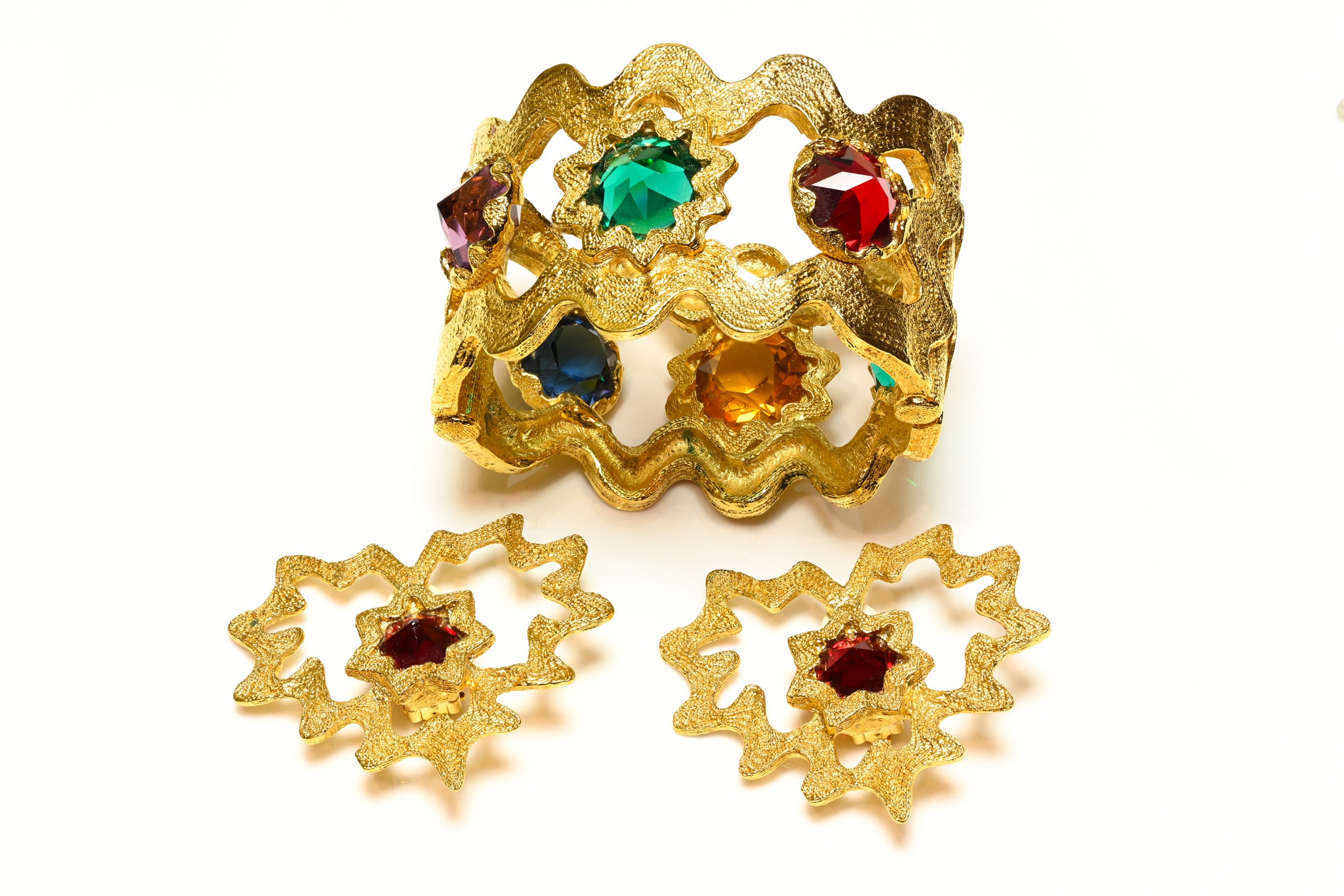 Vintage Yves Saint Laurent Paris Green Red Heart Sun Earrings Bracelet Set