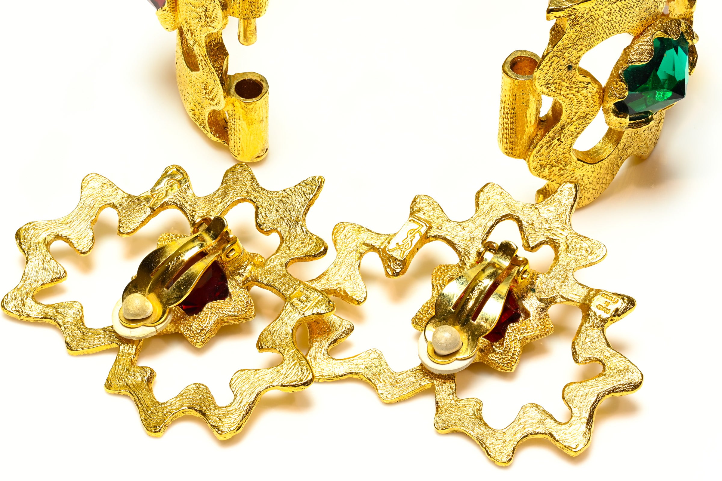 Vintage Yves Saint Laurent Paris Green Red Heart Sun Earrings Bracelet Set 2