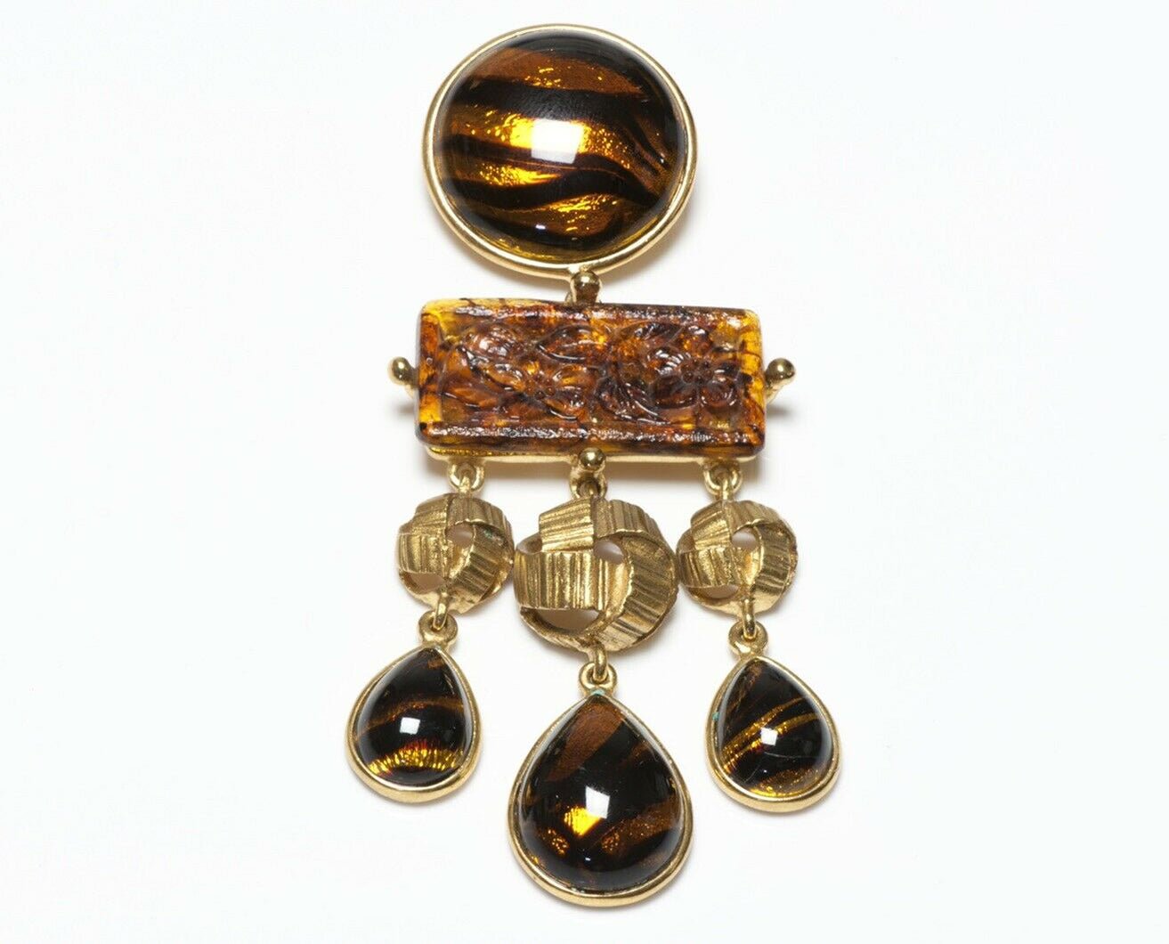 Yves Saint Laurent Brown Carved Flower Glass Pendant Brooch