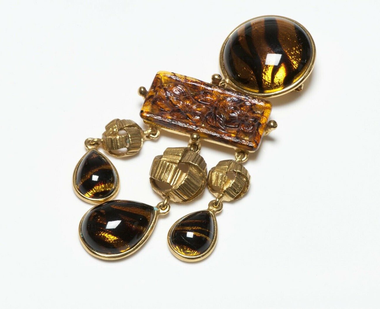 Yves Saint Laurent Brown Carved Flower Glass Pendant Brooch