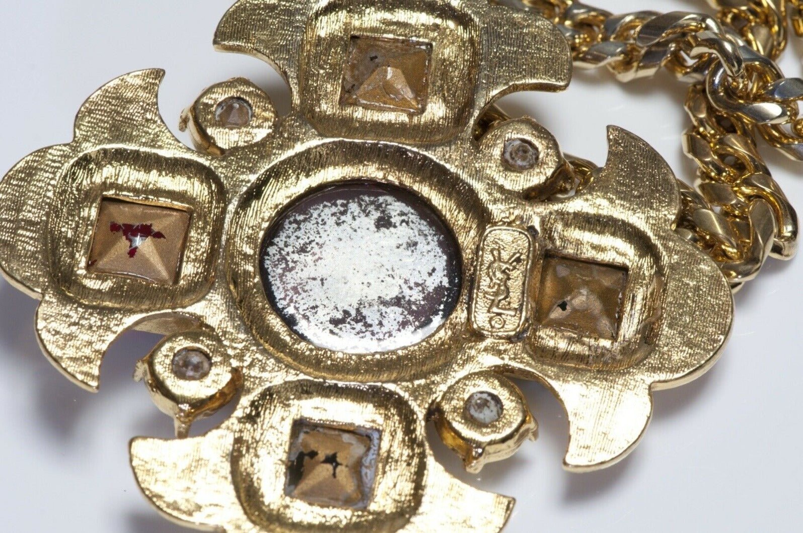 Yves Saint Laurent Green Red Crystal Purple Glass Cross Pendant Necklace