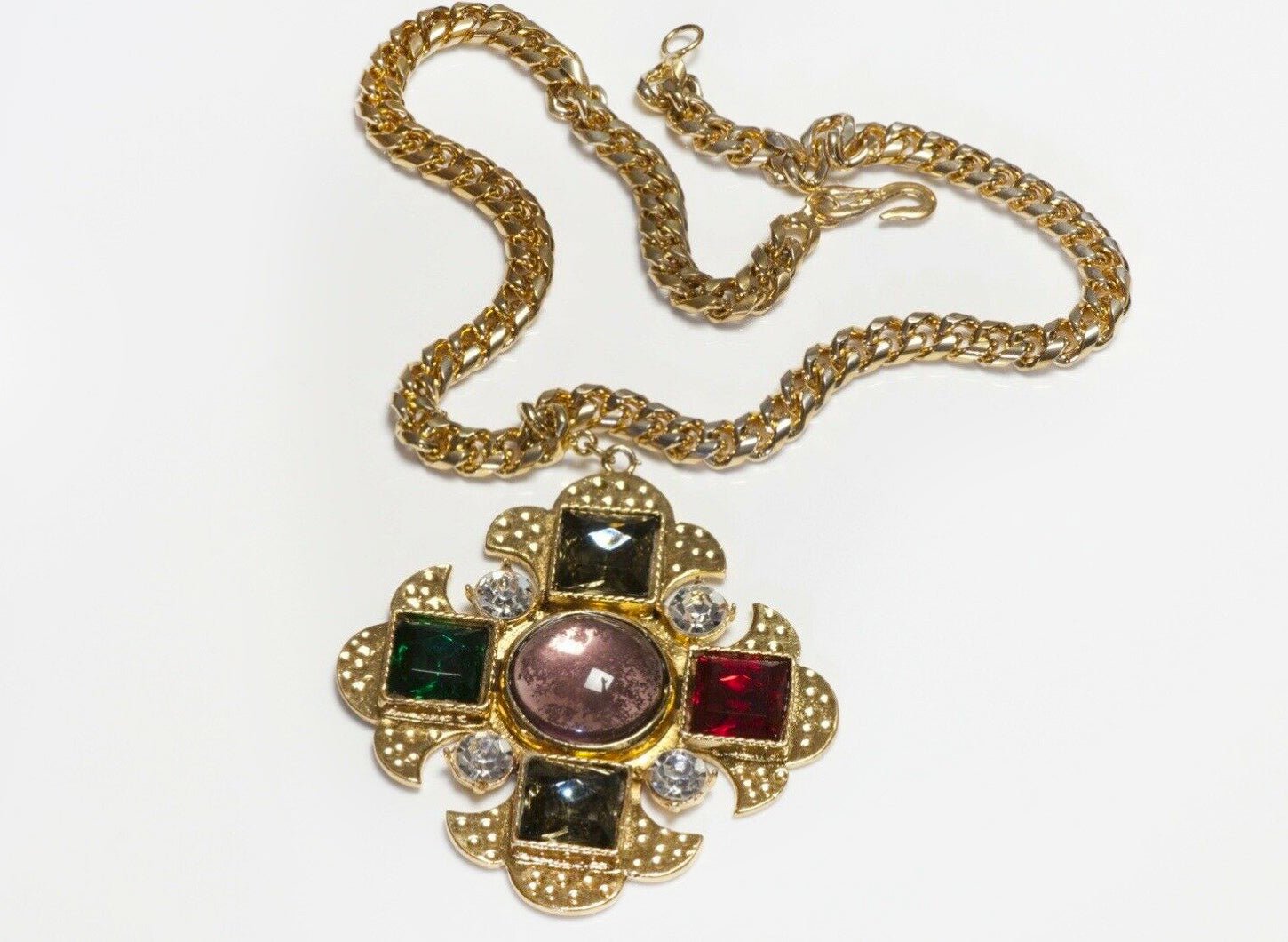 Yves Saint Laurent Green Red Crystal Purple Glass Cross Pendant Necklace