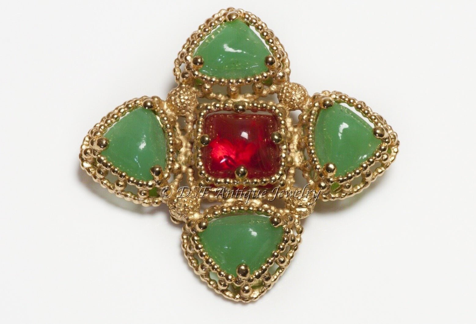 Yves Saint Laurent Green Red Poured Glass Maltese Cross Pendant Brooch