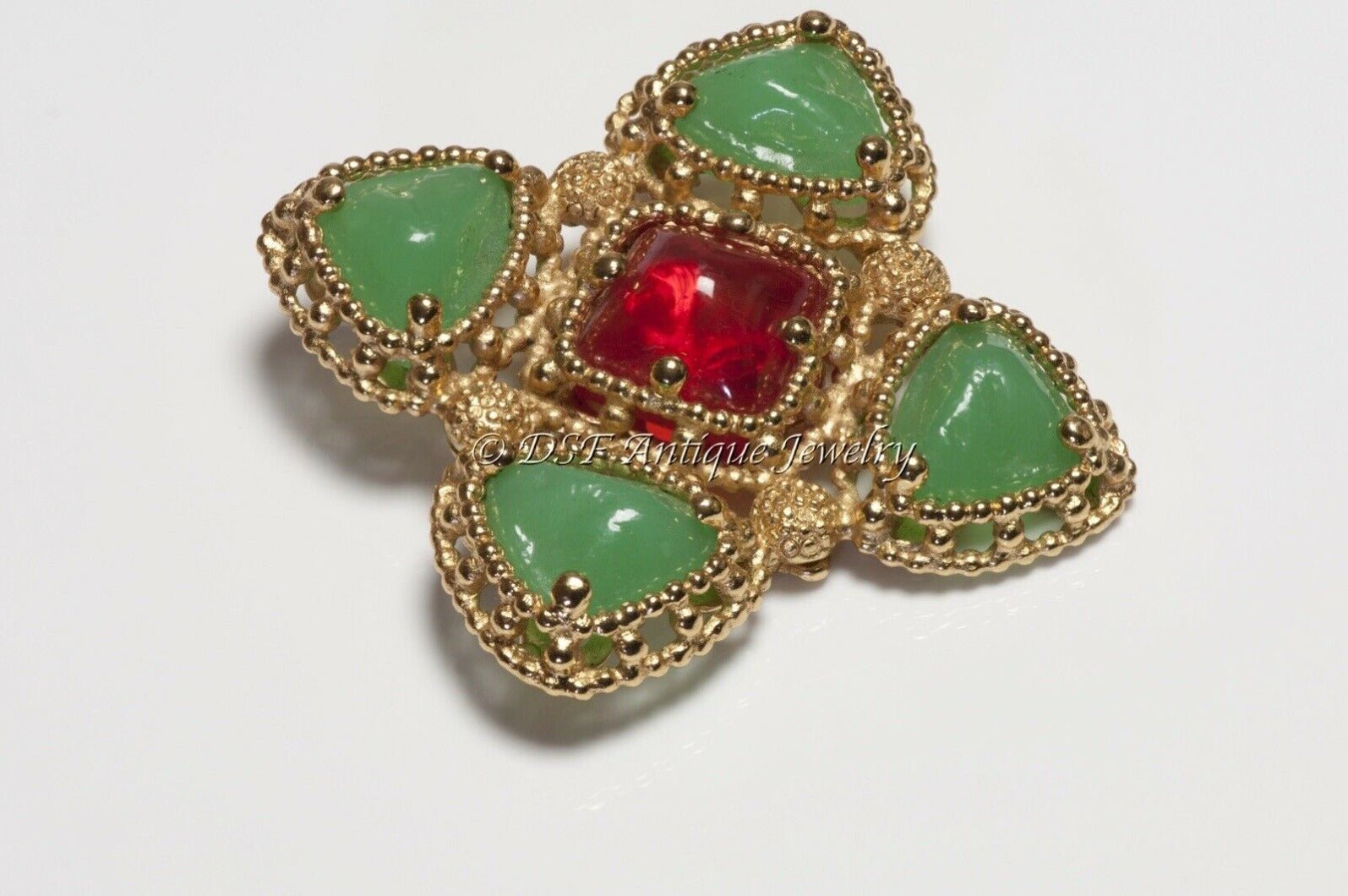 Yves Saint Laurent Green Red Poured Glass Maltese Cross Pendant Brooch