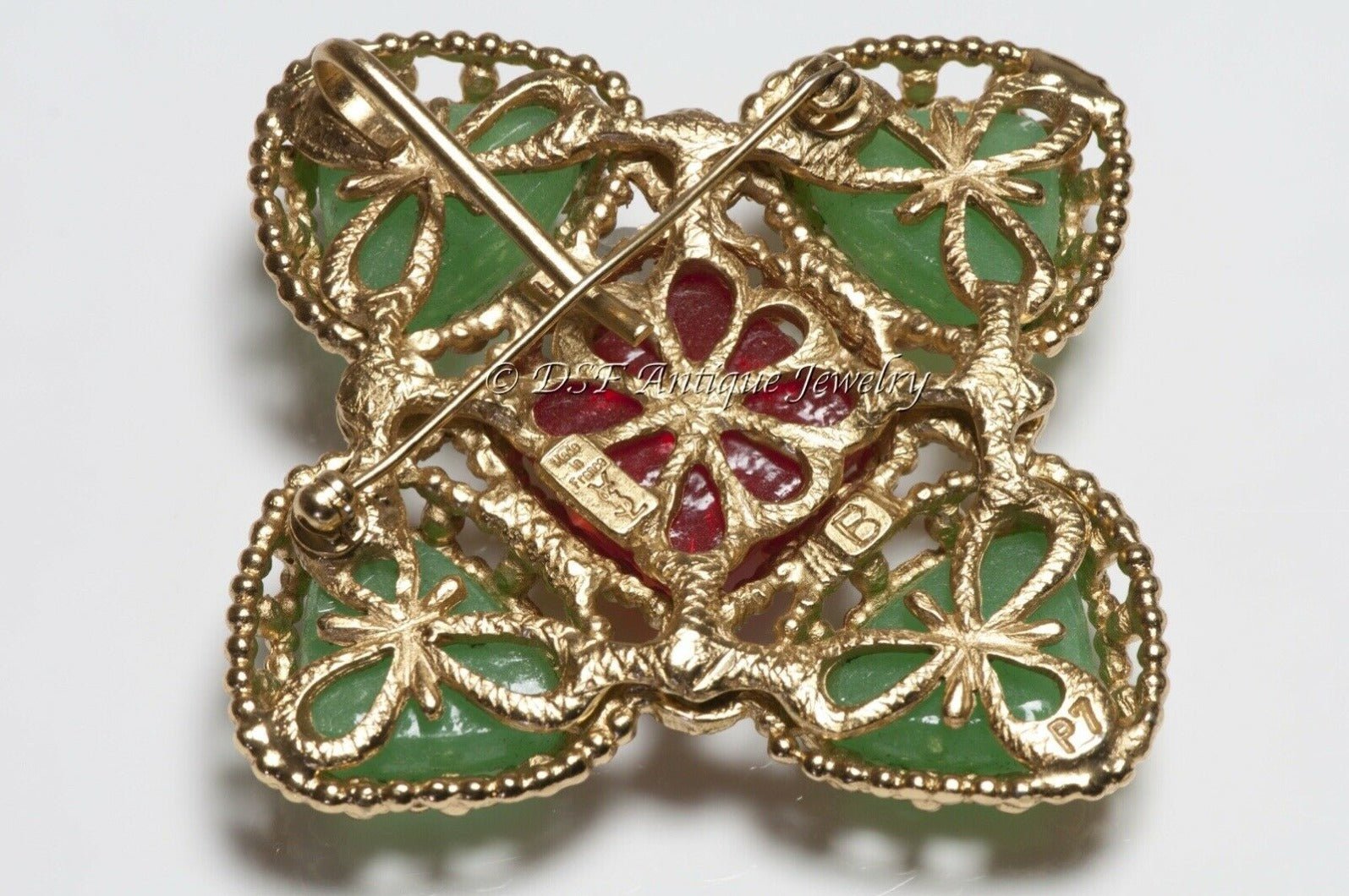 Yves Saint Laurent Green Red Poured Glass Maltese Cross Pendant Brooch
