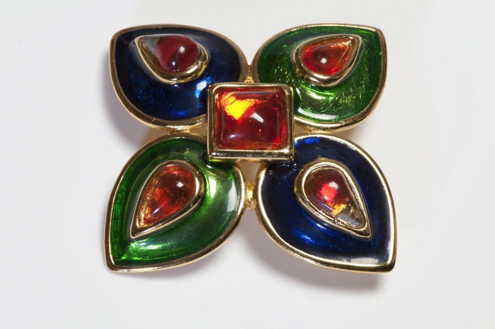 Yves Saint Laurent Paris Green Blue Enamel Orange Glass Flower Brooch