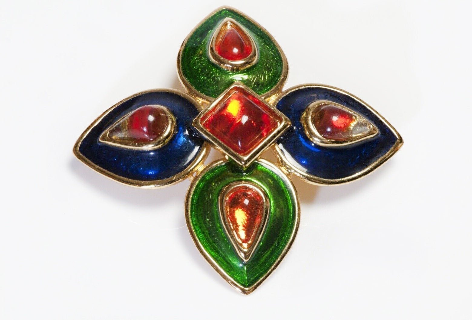 Yves Saint Laurent Paris Green Blue Enamel Orange Glass Flower Brooch