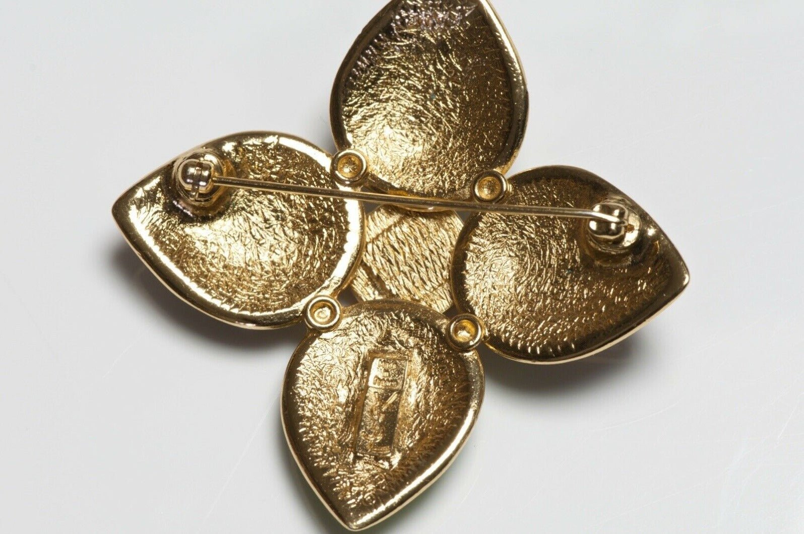Yves Saint Laurent Paris Green Blue Enamel Orange Glass Flower Brooch