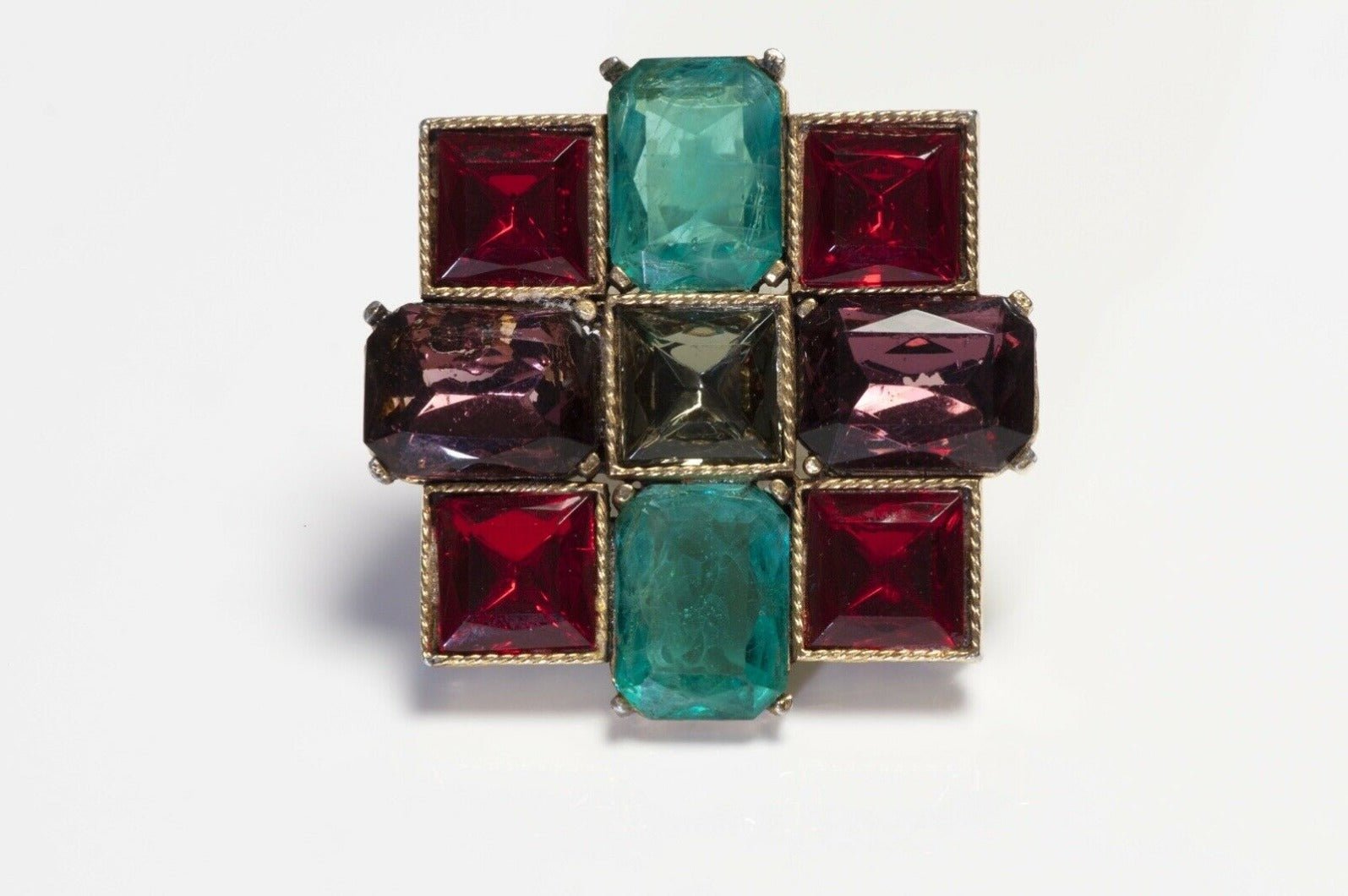Yves Saint Laurent Paris Green Red Purple Crystal Pendant Brooch