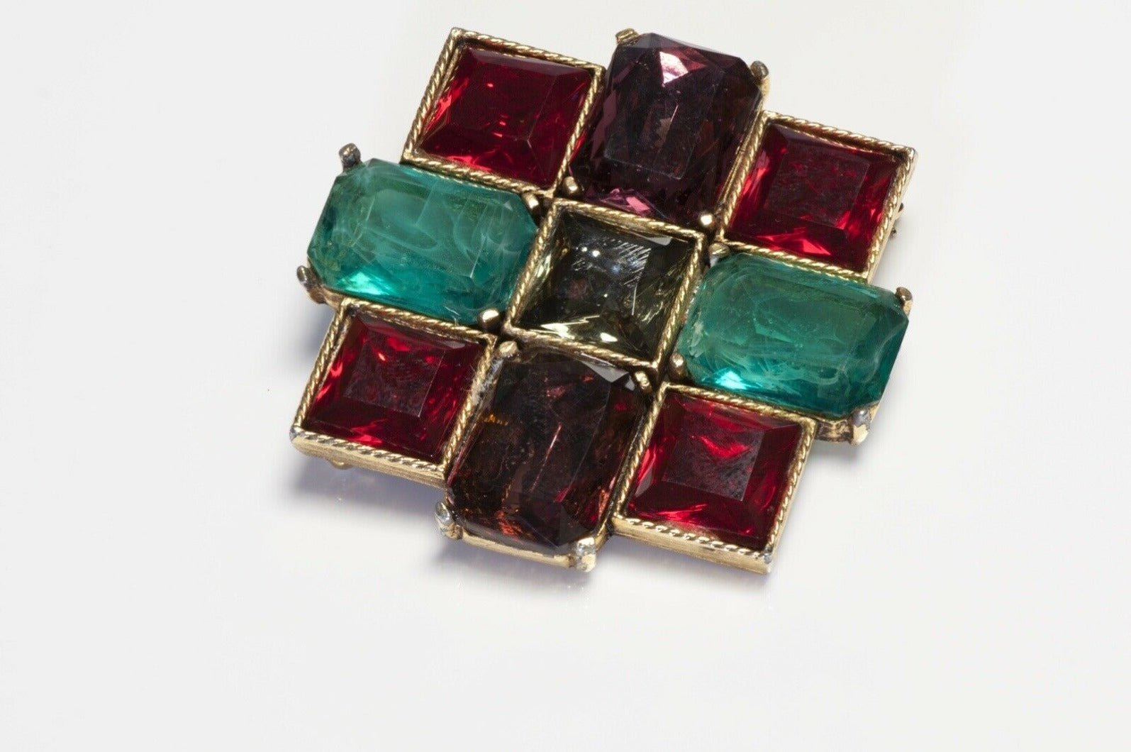 Yves Saint Laurent Paris Green Red Purple Crystal Pendant Brooch