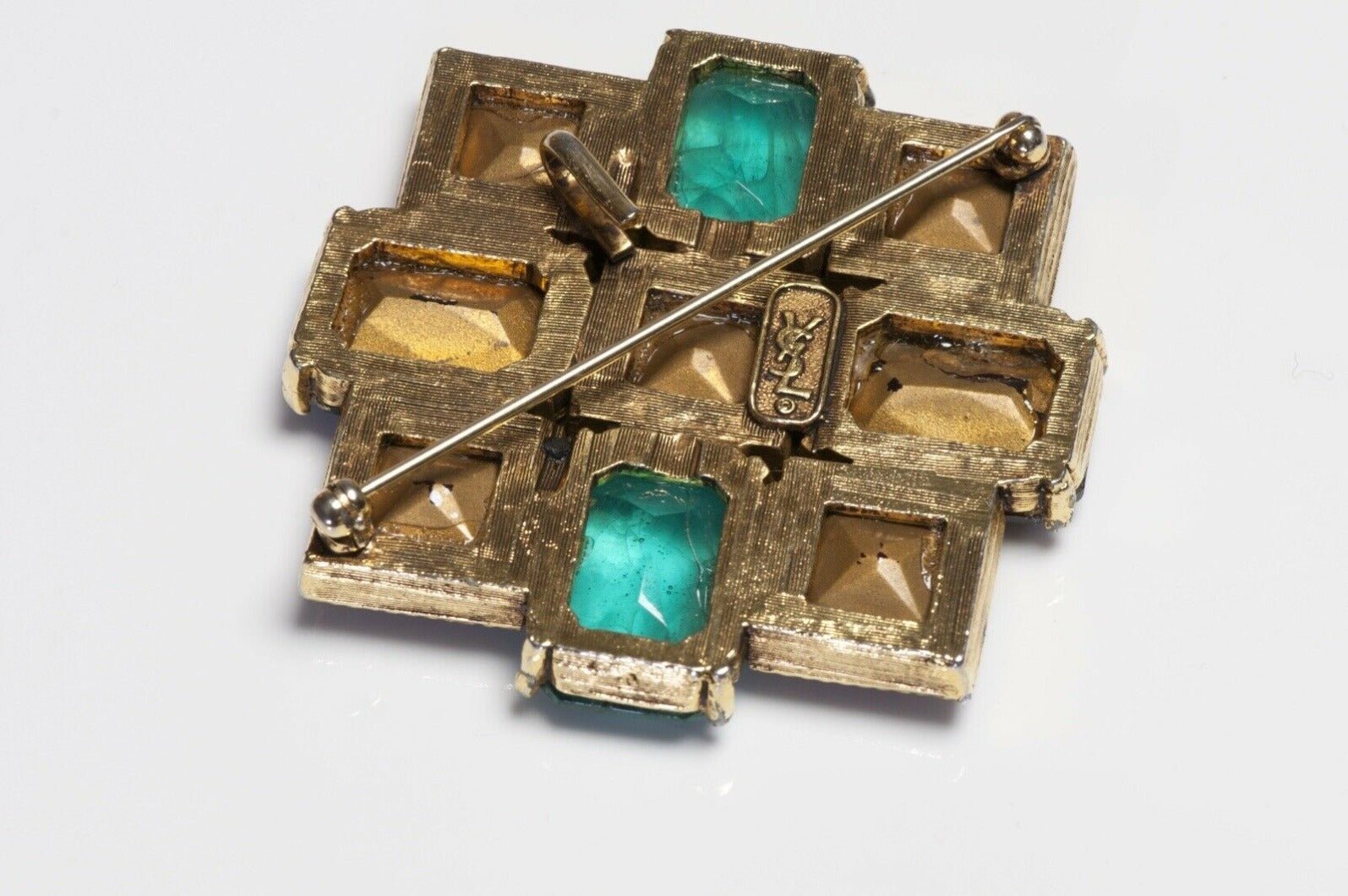 Yves Saint Laurent Paris Green Red Purple Crystal Pendant Brooch