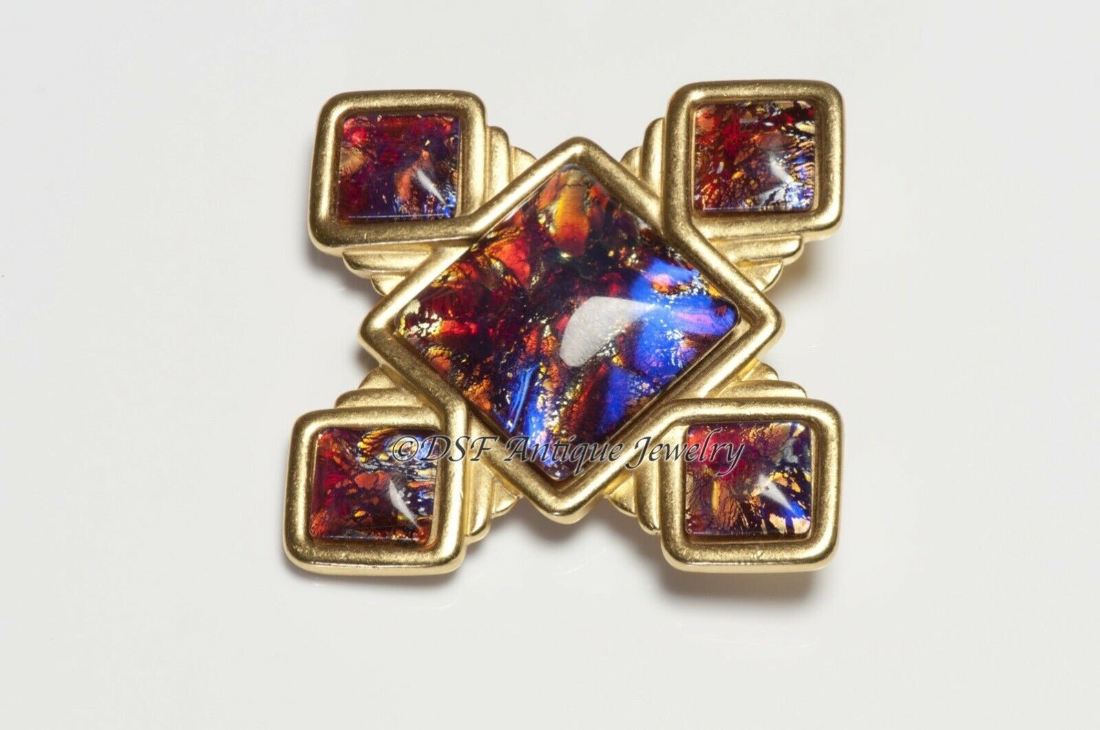 Yves Saint Laurent Pink Blue Glass Chain Necklace Brooch Geometric Set