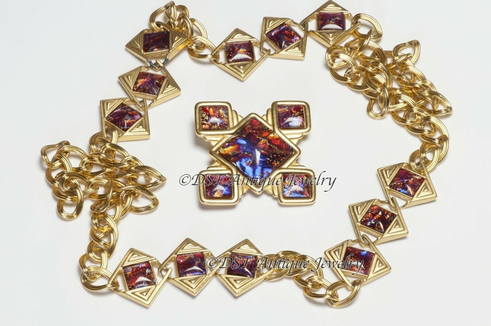 Yves Saint Laurent Pink Blue Glass Chain Necklace Brooch Geometric Set