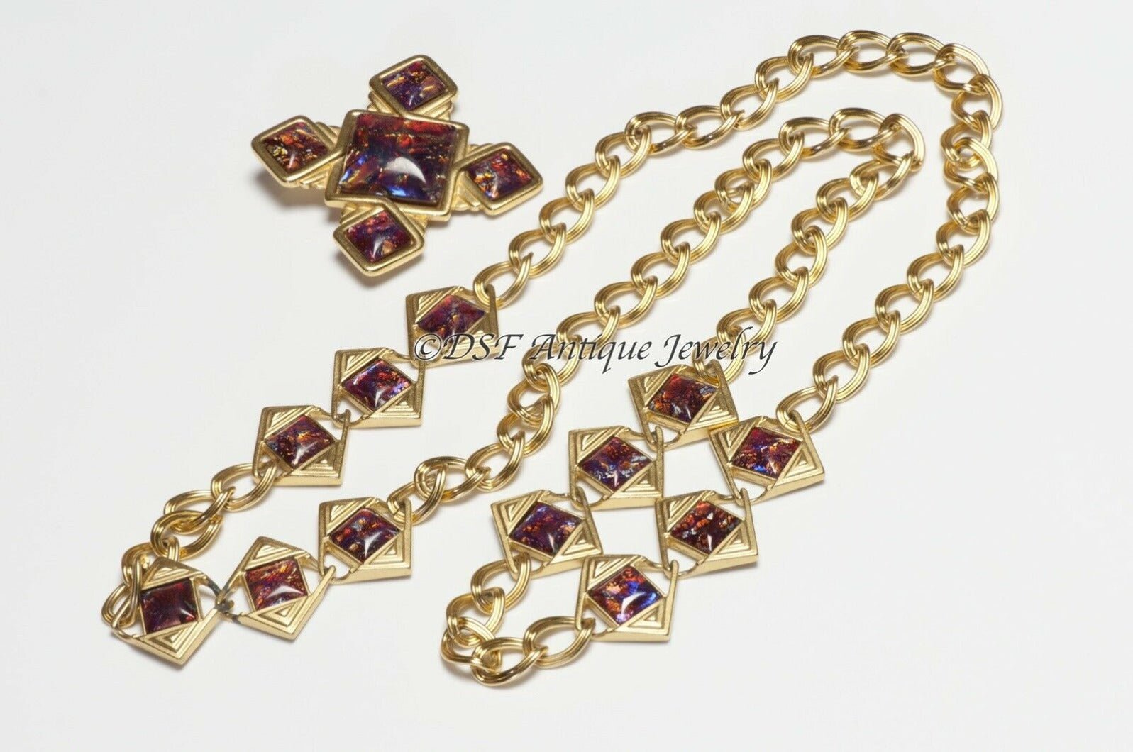 Yves Saint Laurent Pink Blue Glass Chain Necklace Brooch Geometric Set
