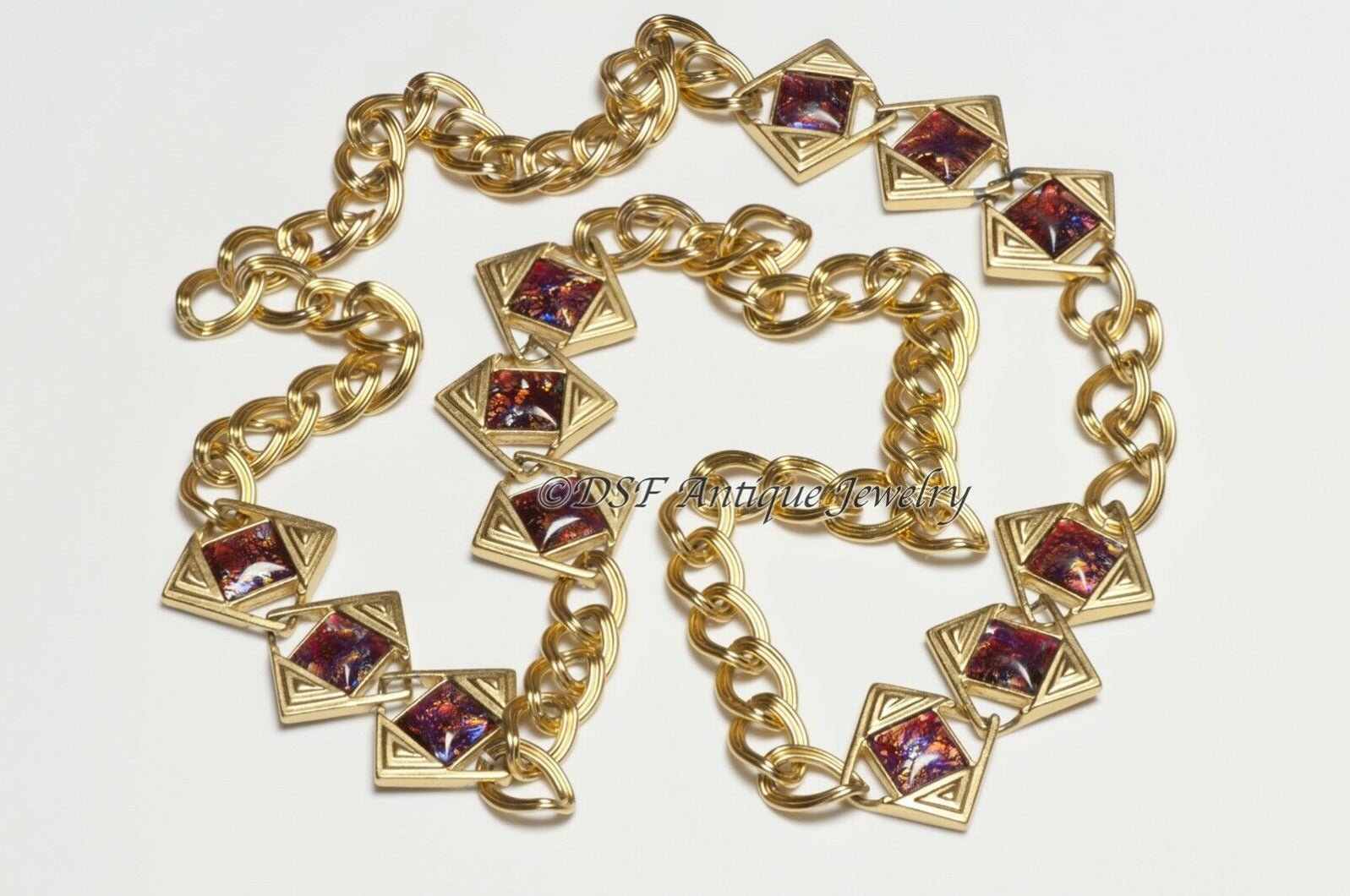 Yves Saint Laurent Pink Blue Glass Chain Necklace Brooch Geometric Set