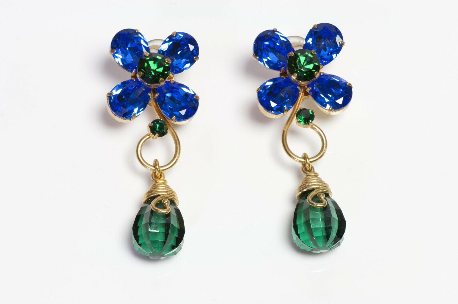 Yves Saint Laurent Rive Gauche Blue Green Crystal Flower Earrings