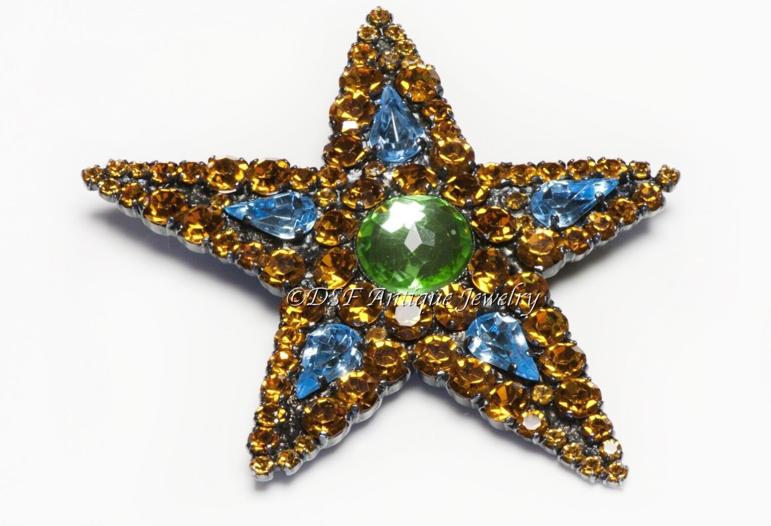 Yves Saint Laurent Rive Gauche Blue Yellow Green Crystal Star Pendant Brooch
