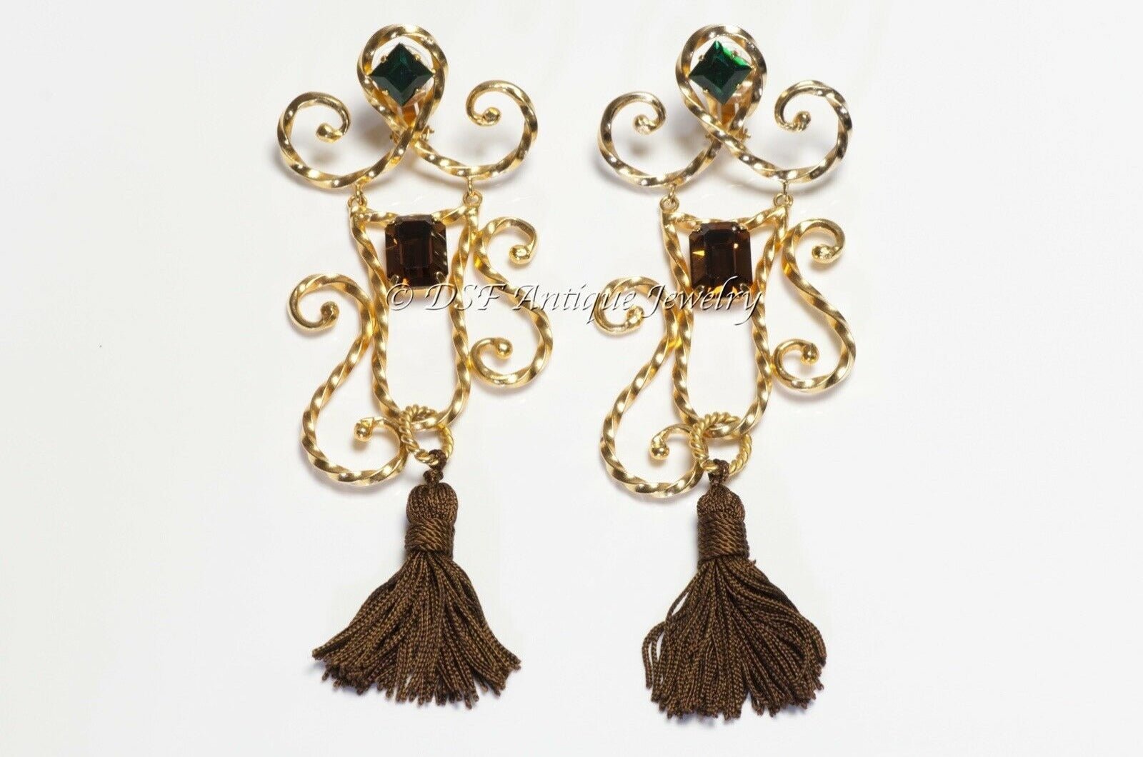 Yves Saint Laurent Rive Gauche Long Brown Green Crystal Tassel Earrings