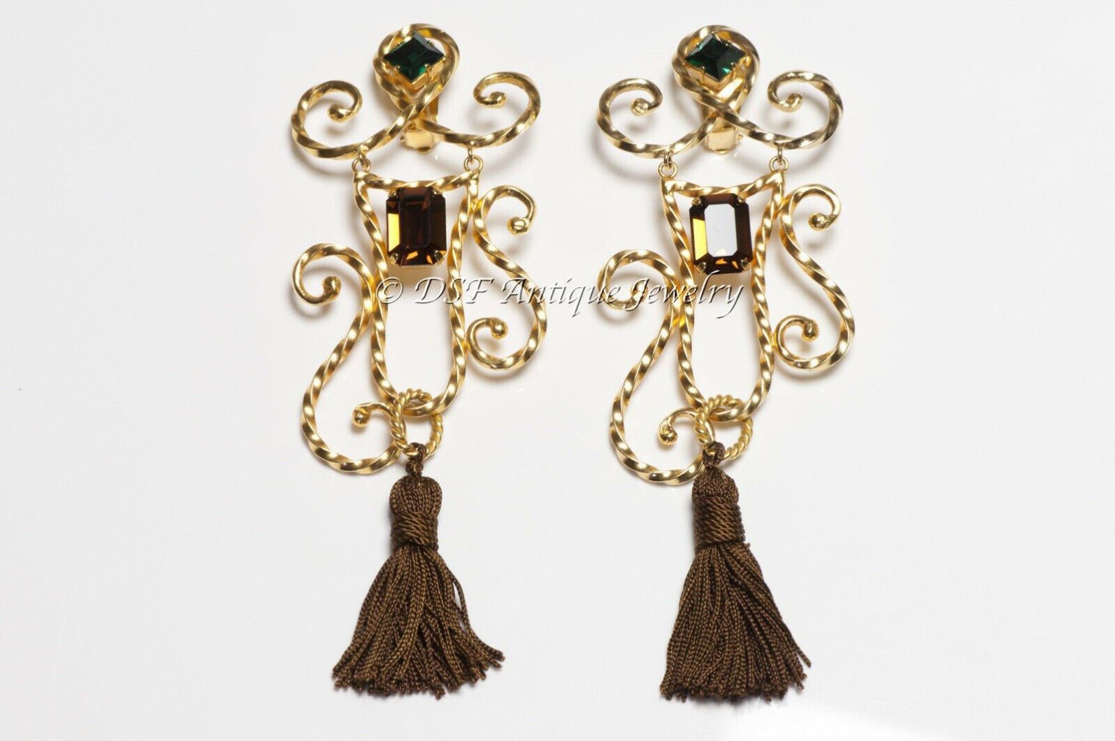 Yves Saint Laurent Rive Gauche Long Brown Green Crystal Tassel Earrings
