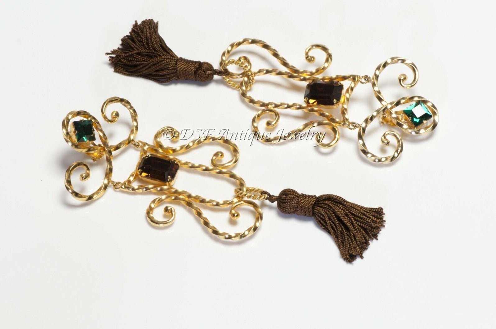 Yves Saint Laurent Rive Gauche Long Brown Green Crystal Tassel Earrings
