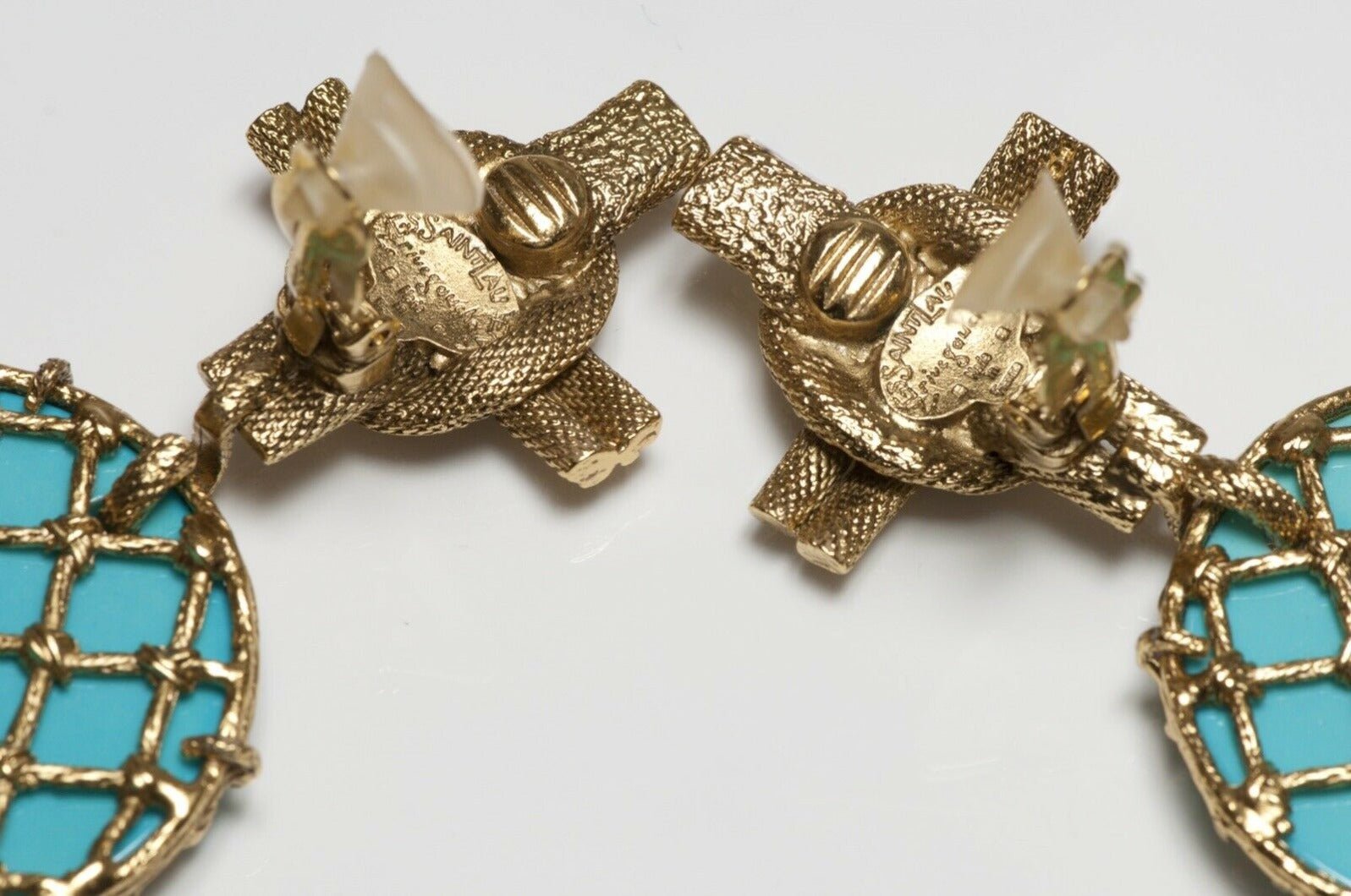 Yves Saint Laurent Rive Gauche Long Turquoise Lucite Cross Earrings