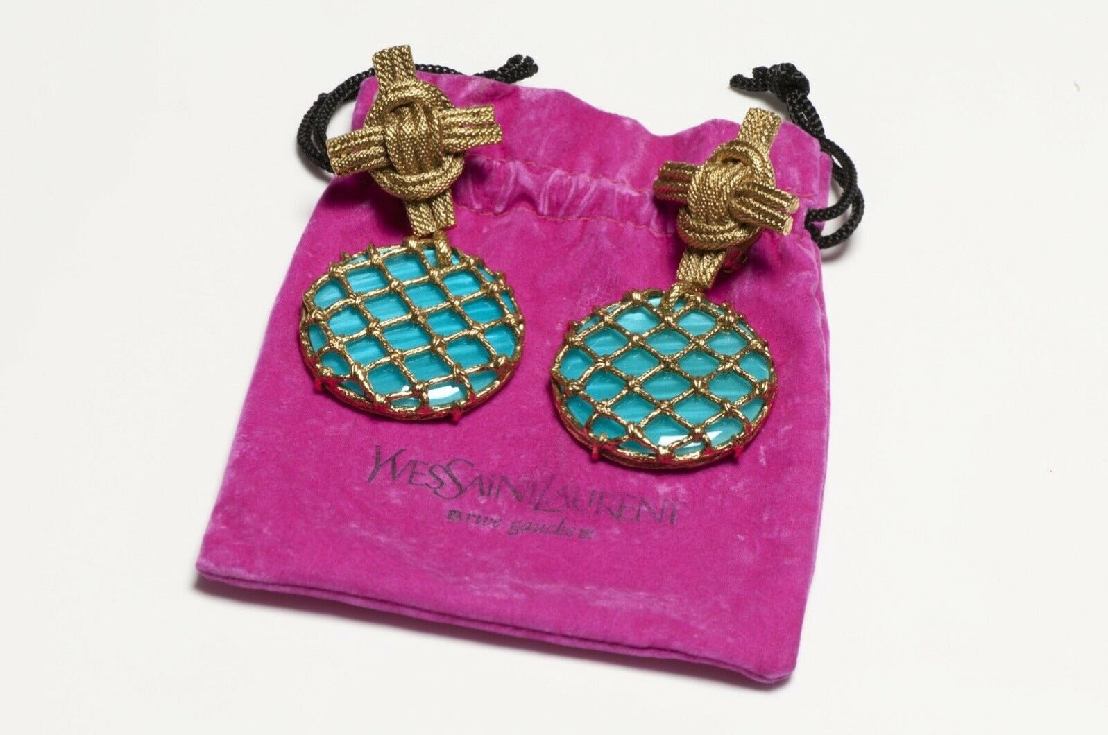 Yves Saint Laurent Rive Gauche Long Turquoise Lucite Cross Earrings