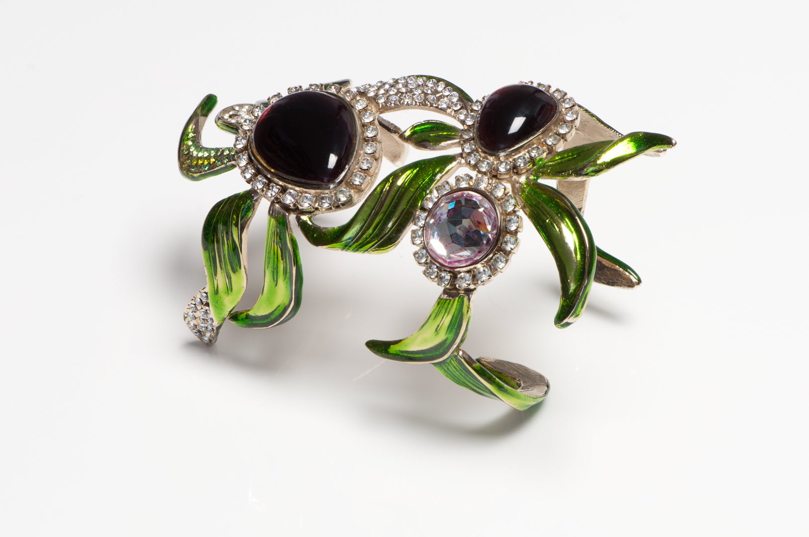 Yves Saint Laurent Spring 2004 Tom Ford Green Enamel Crystal Orchid Cuff Bracelet