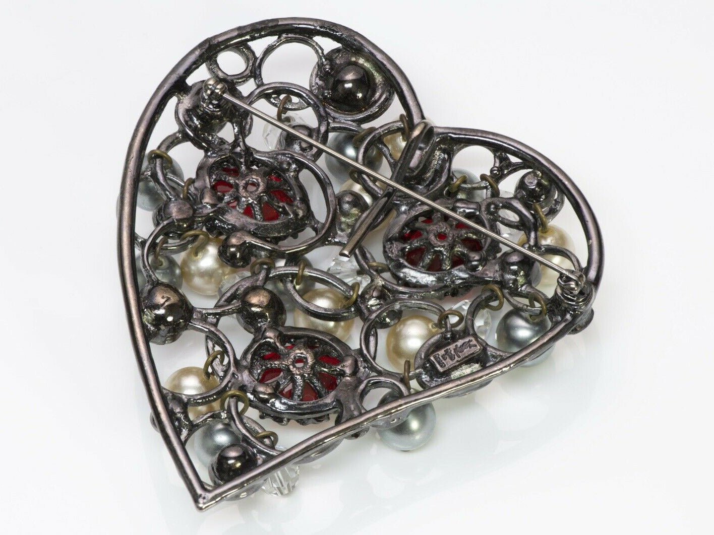 Yves Saint Laurent YSL 1980’s Crystal Pearl Heart Pendant Brooch