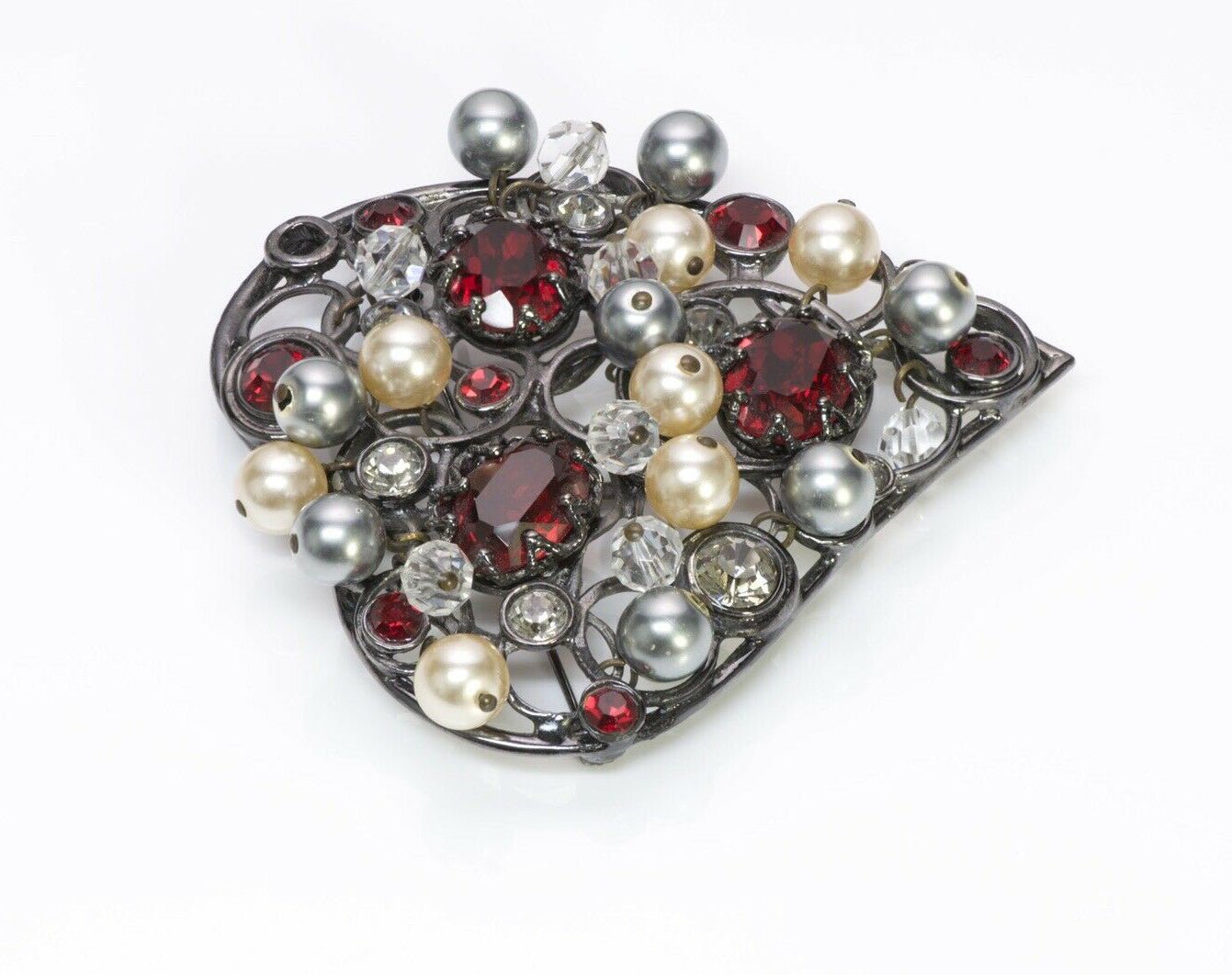 Yves Saint Laurent YSL 1980’s Crystal Pearl Heart Pendant Brooch