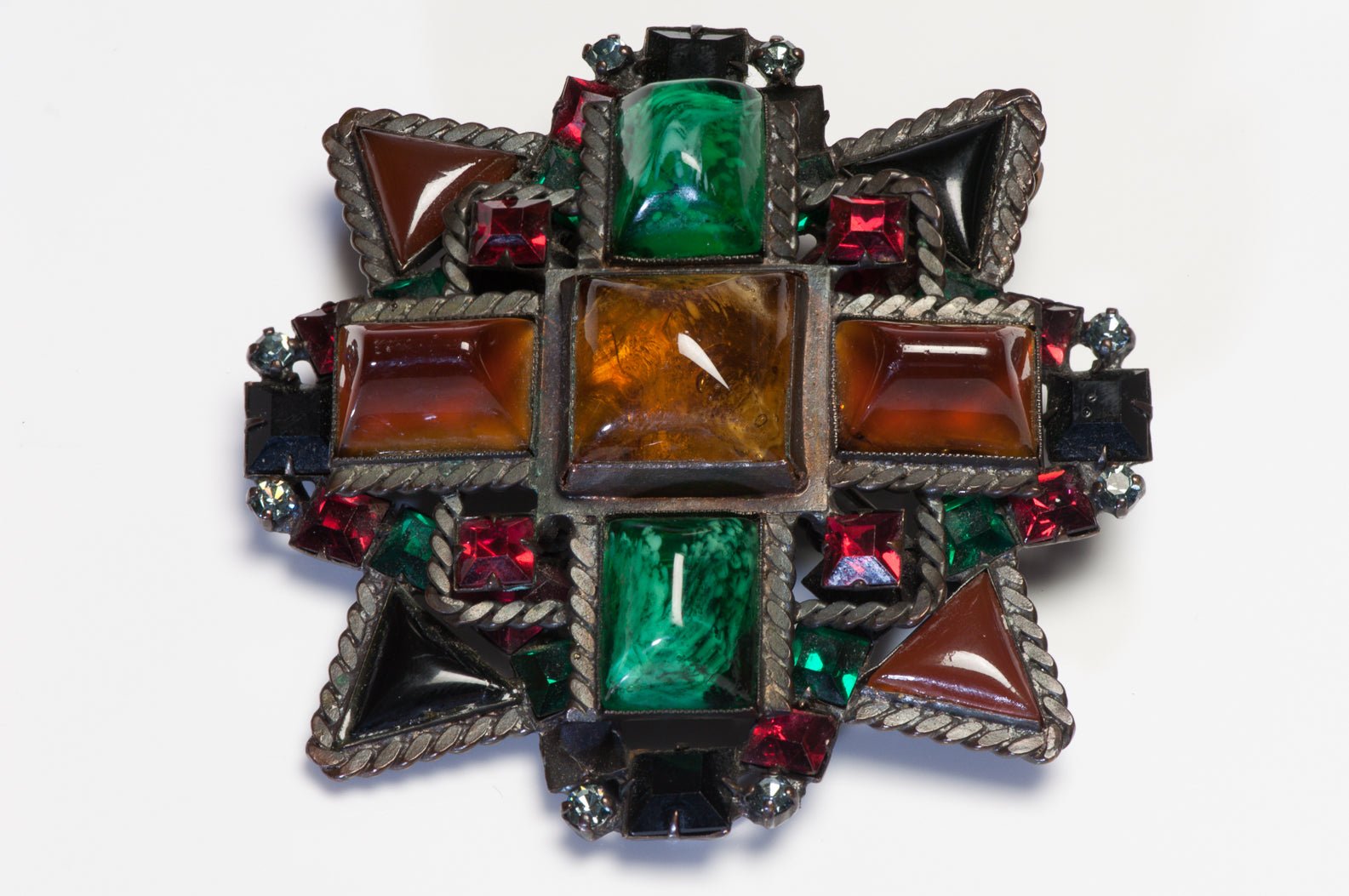 Yves Saint Laurent YSL Couture Green Brown Glass Crystal Star Pendant Brooch