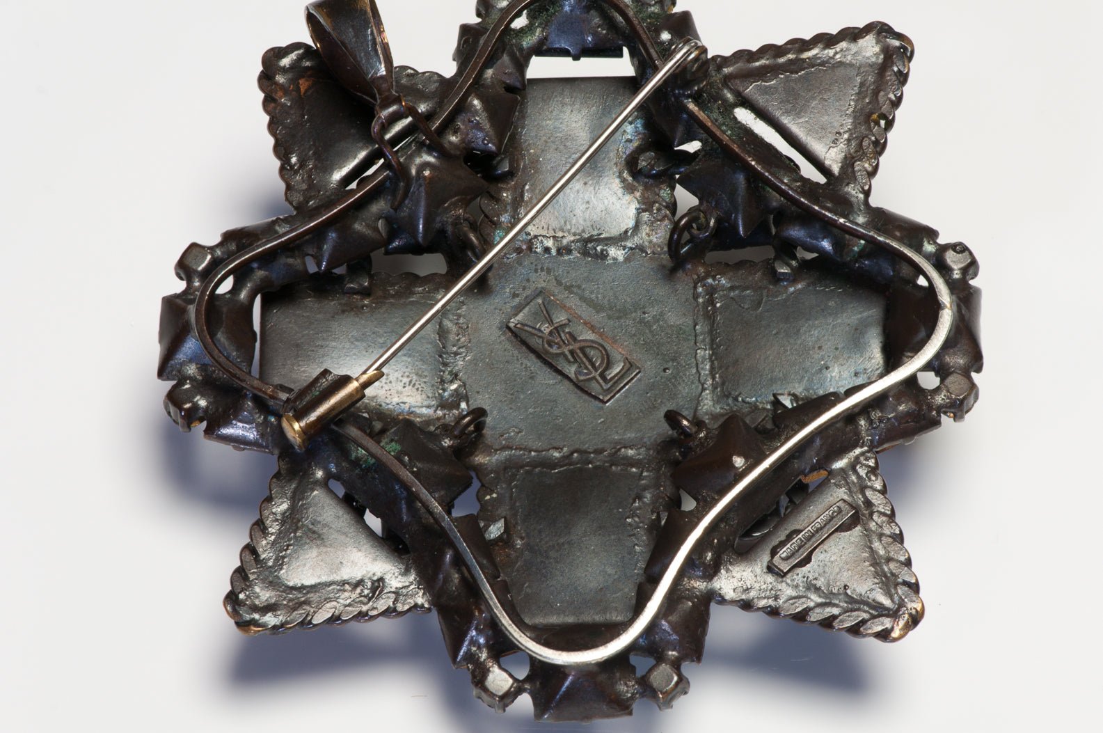 Yves Saint Laurent YSL Couture Green Brown Glass Crystal Star Pendant Brooch