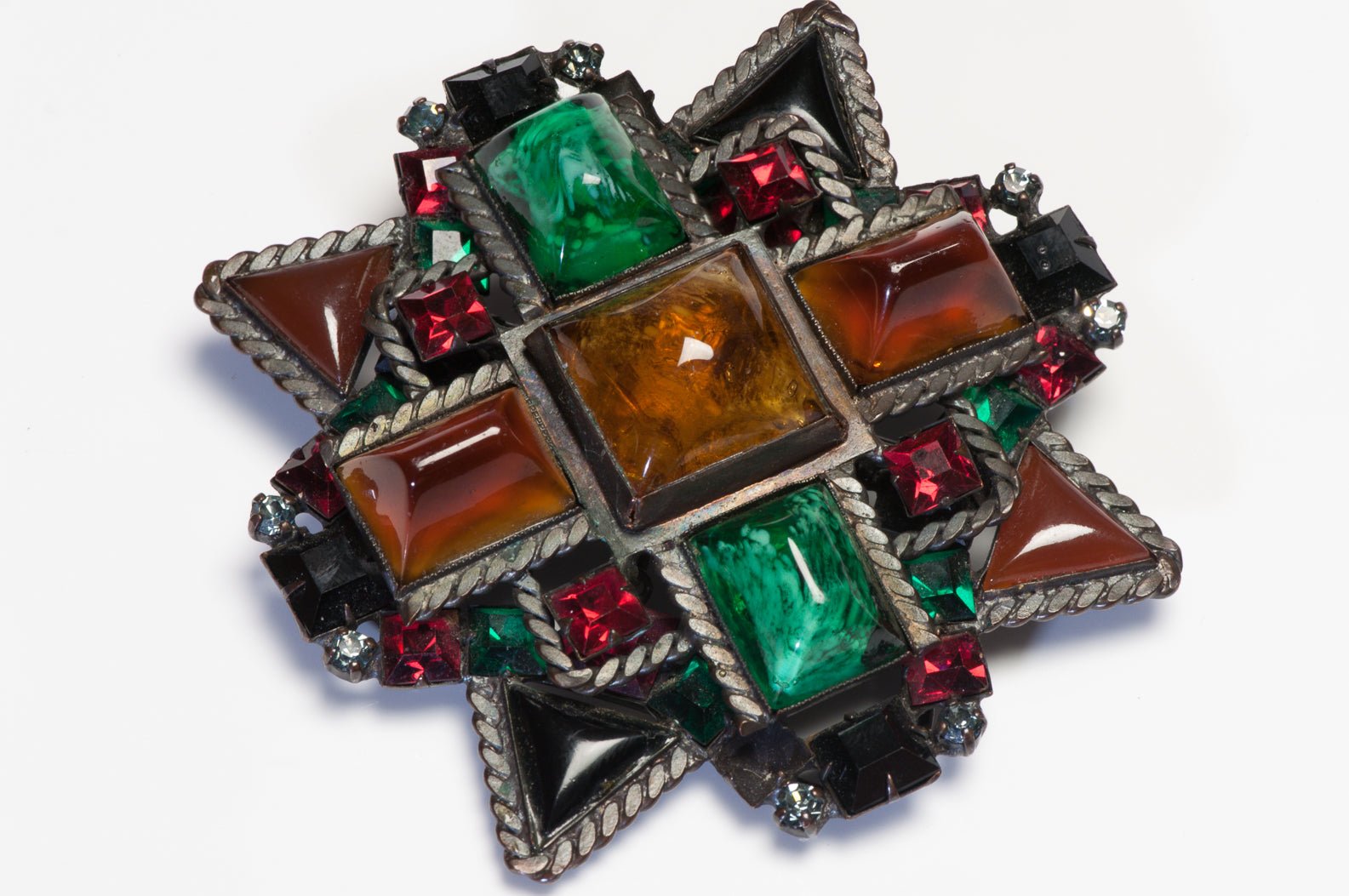 Yves Saint Laurent YSL Couture Green Brown Glass Crystal Star Pendant Brooch