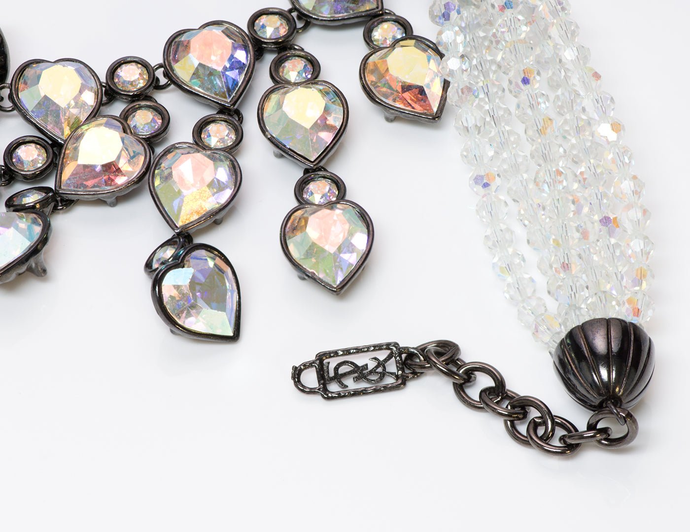 Vintage Yves Saint Laurent Crystal Aurora Borealis Heart Necklace 1