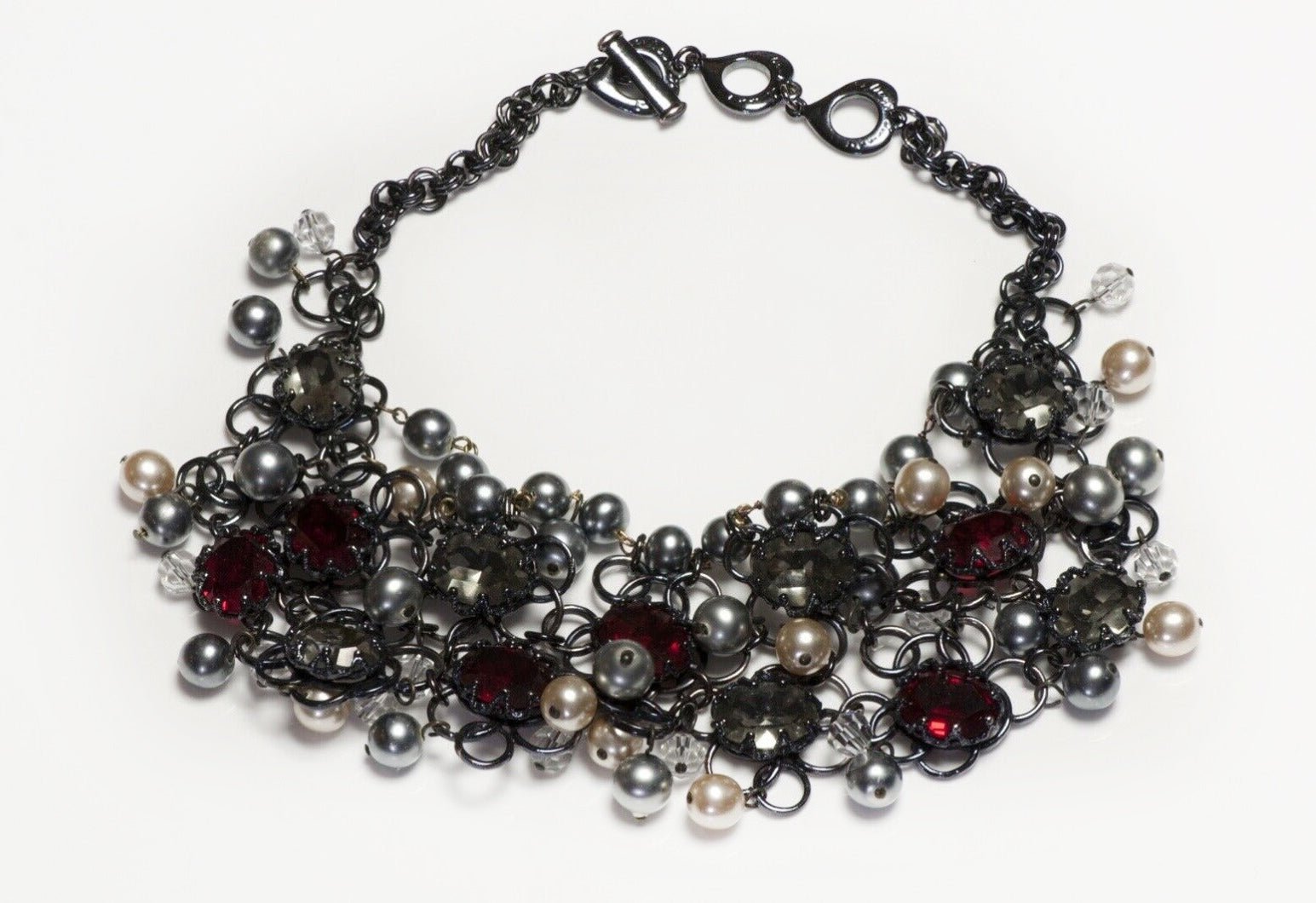 Yves Saint Laurent YSL Red Gray Crystal Faux Pearl Tassel Bib Necklace