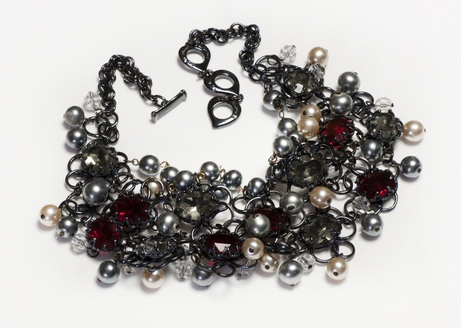 Yves Saint Laurent YSL Red Gray Crystal Faux Pearl Tassel Bib Necklace