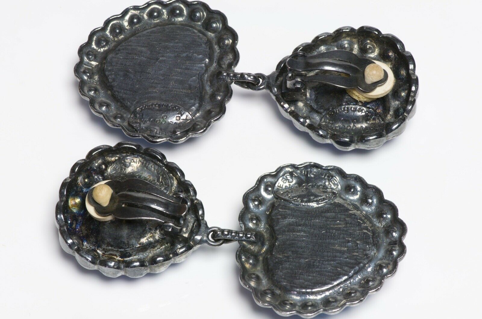 Yves Saint Laurent YSL Rive Gauche Long Blue Green Crystal Glass Heart Earrings