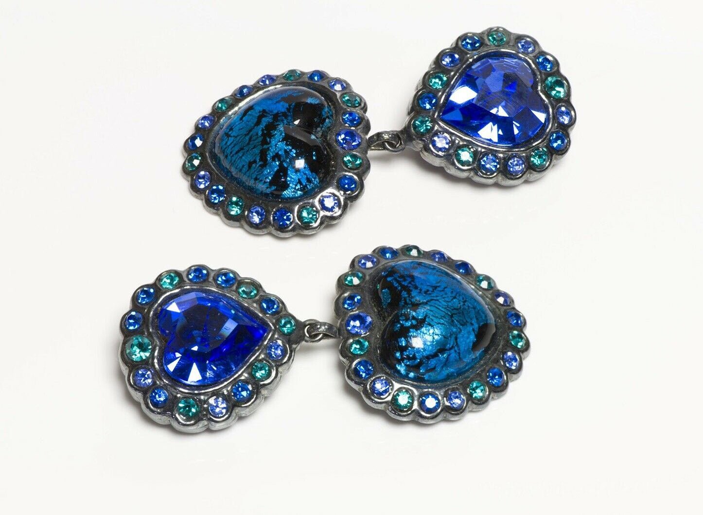 Yves Saint Laurent YSL Rive Gauche Long Blue Green Crystal Glass Heart Earrings